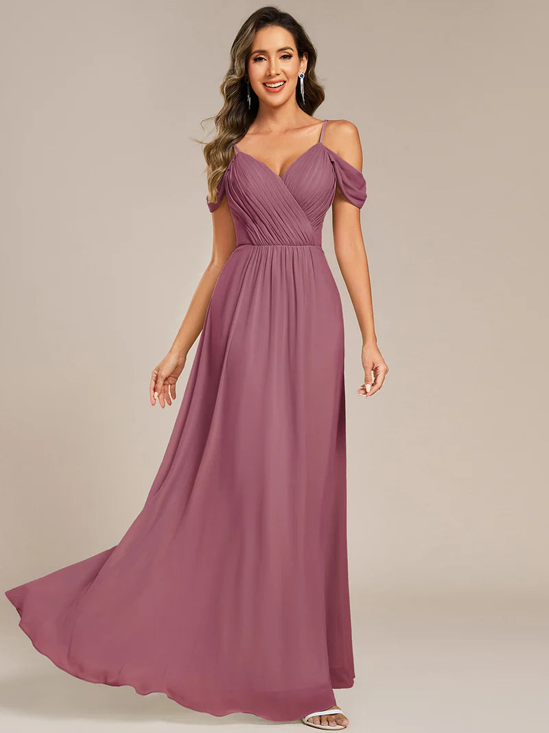 Orchid bridesmaid dress with a A-line and spaghetti straps.